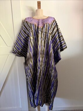 Purple Striped Maxi Kaftan Dress with Embroidered Neckline 2X